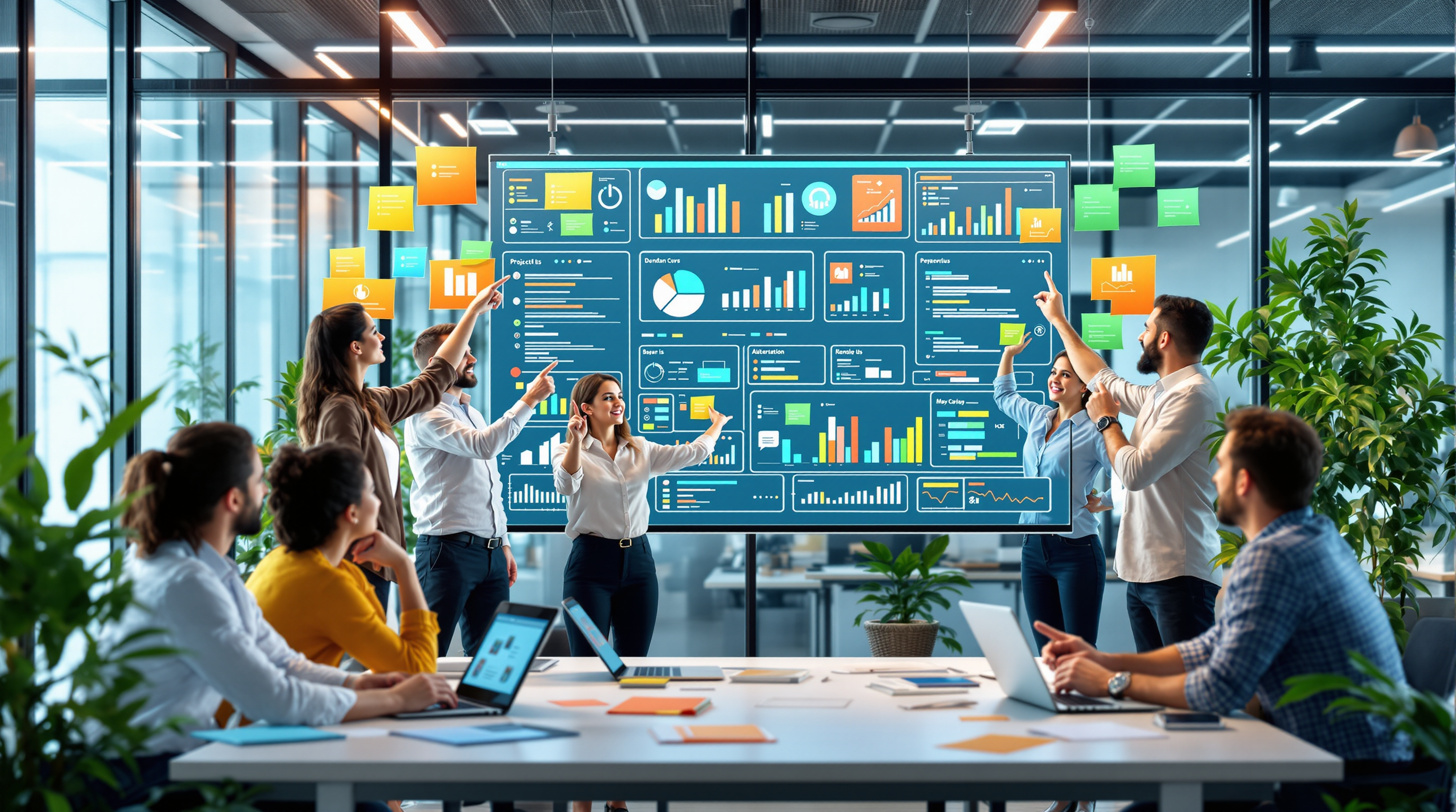 Professional project management team collaborating on strategic planning and agile methodologies