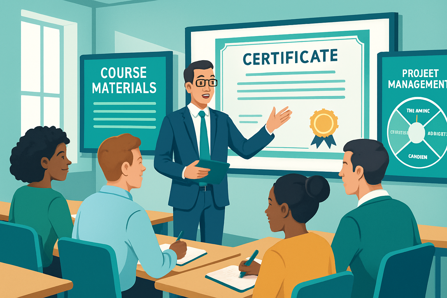 Professional training classroom with expert instructors delivering project management certification courses